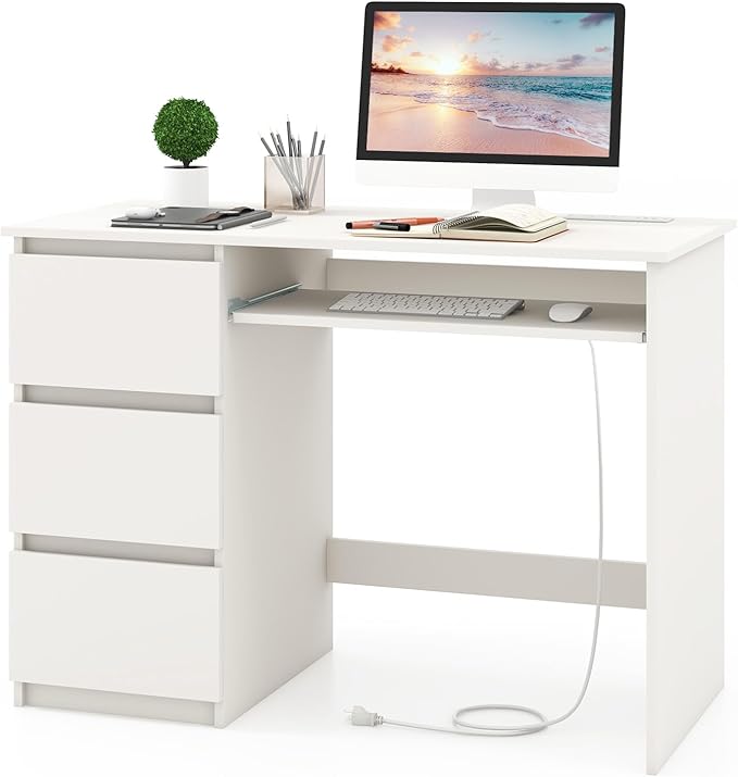 Tangkula White Desk with 3 Storage Drawers &amp Built-in Charging Station Home Office Desk with Keyboard Tray PC Desk Study Writing Table Vanity Table for Bedroom Computer Workstation (White)