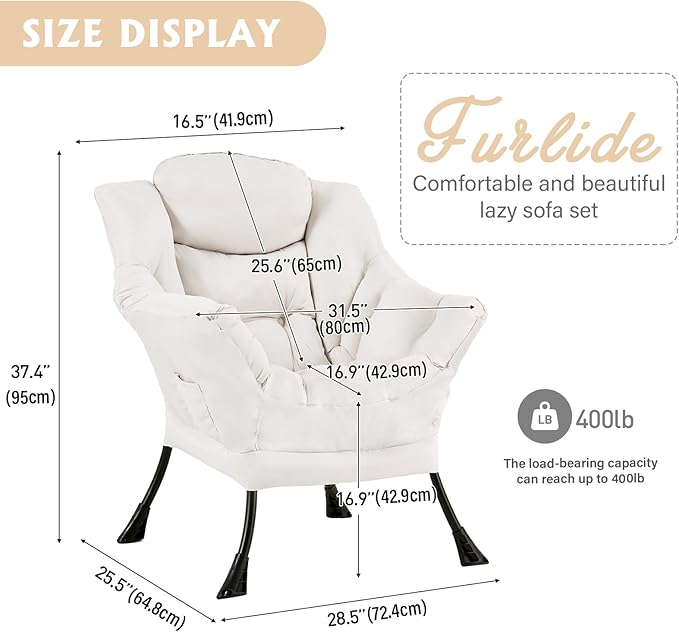 Lazy Chair for Living Room Modern Accent Chairs with Armrests Beige Armchairs with Side Pocket Cozy Lazy Sofa for Reading Balcony Bedroom Dorm Small Spaces