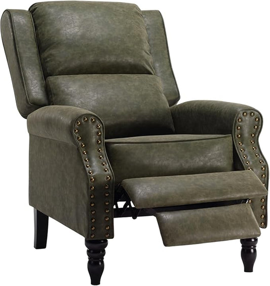 Leather Recliner Chair Pushback Recliner Chair with Adjustable Backrest Footrest Mid-Century Modern Living Room Reclining Chairs with Lumbar Support for Reading Bedroom (Dark Green)