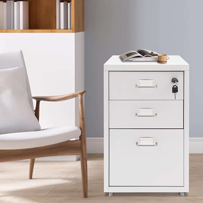 File Cabinet 3 Drawer Mobile Metal Storage Cabinets with Lock and Wheels Vertical Filing Cabinet Under Desk Document Classification Organizer for Office Home Study Dresser (White)
