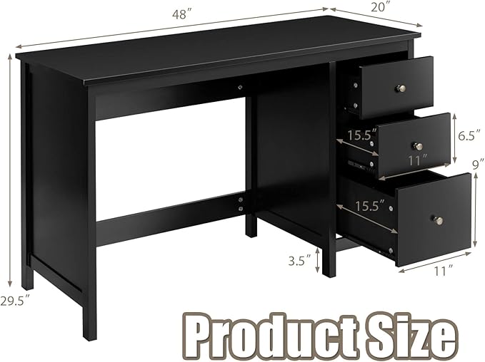 Computer Desk with Drawers 48’’ x 20’’ x 29.5’’ Home Office Computer Workstation Modern Executive Desks Teens Writing Study Table Laptop Desk for Bedroom Study Small Space (Black)