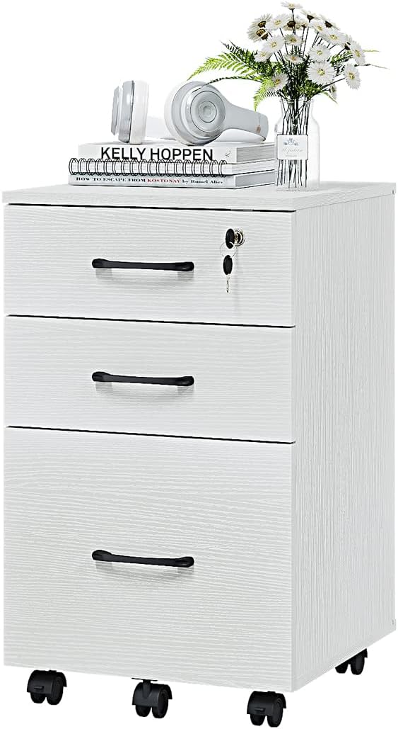 Panana 3 Drawer Wood Mobile File Cabinet Under Desk Storage Drawers Small File Cabinet for Home Office (White)