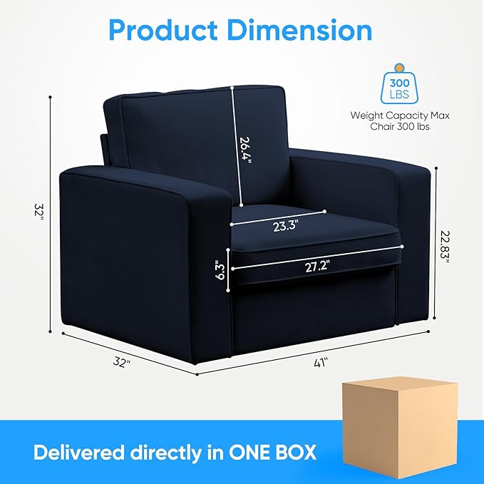 PUREMIND 360° Swivel Accent Chair Wide Upholstered Arm Chair with Wide Armrests Modern Square Sofa Living Room Chair for Bedroom Corner Reading Blue