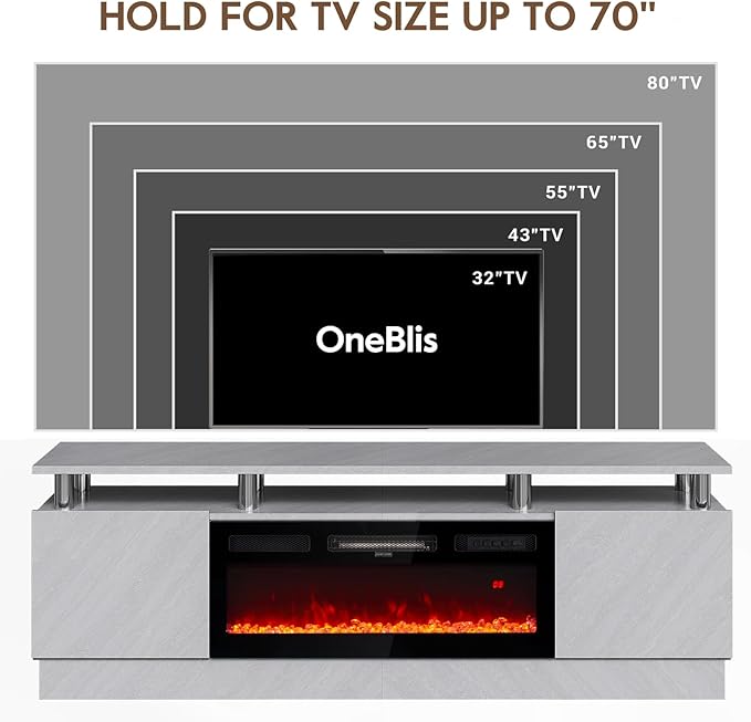 70 TV Stand for Living Room Entertainment Center with Storage Cabinet Fits TVs up to 80 Modern Media Console with Shelves 36 Electric Fireplace (Grey+Black)