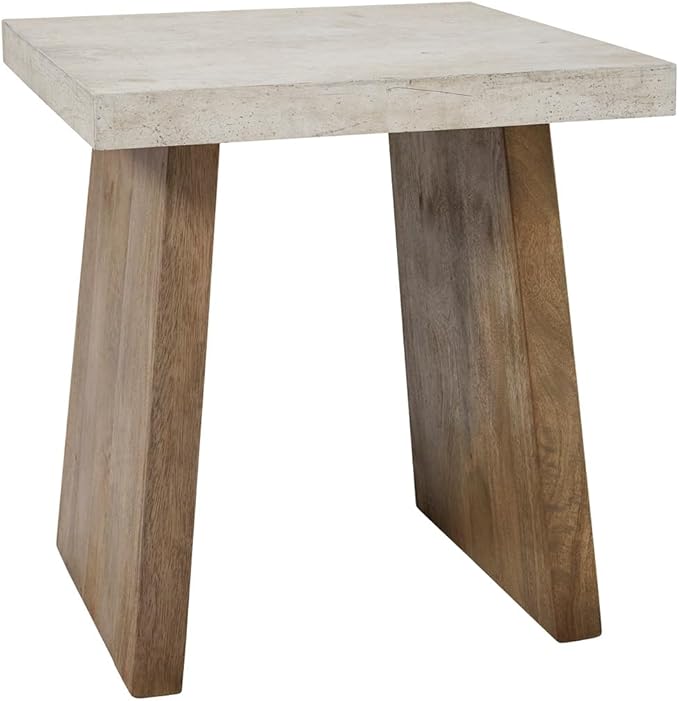 Signature Design by Ashley Brendalhouse Casual End Table with Faux Cement Top and Double Plinth Base Solid Mango Wood Melamine Laminate Casually Cool Design Light Brown &amp White