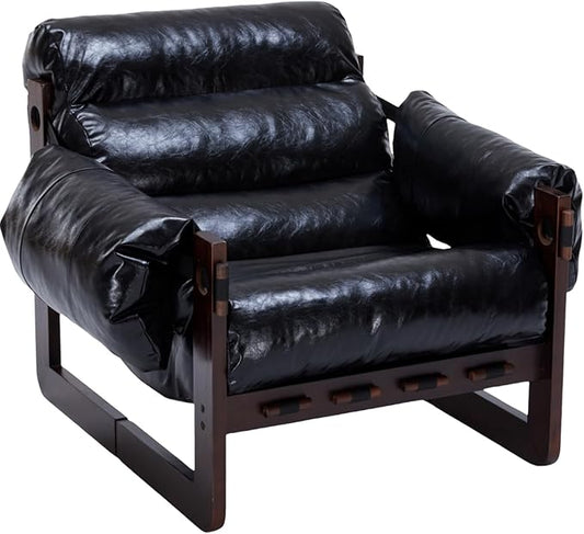 Vintage Accent Chair Mid Century Modern Decor Chair with Removable Armrest Leather Comfy Cloud Lounge Chair with Wood Frame &amp Soft Cushion for Living Room Bedroom (Black)