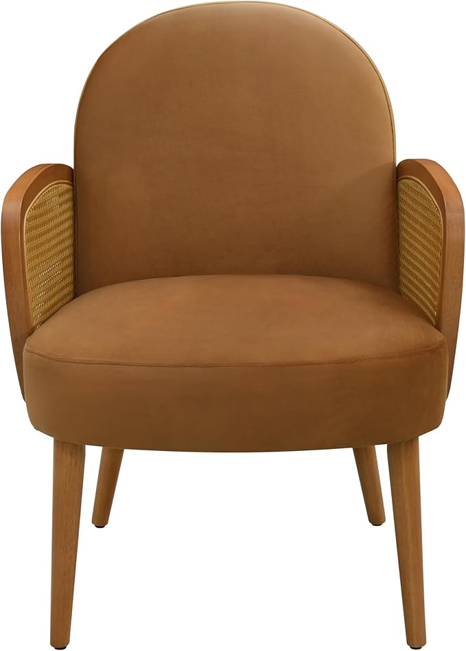 Mid Century Accent Chair with Rattan Armrests Wooden Legs for Living Room Reading Bedroom Balcony Brown