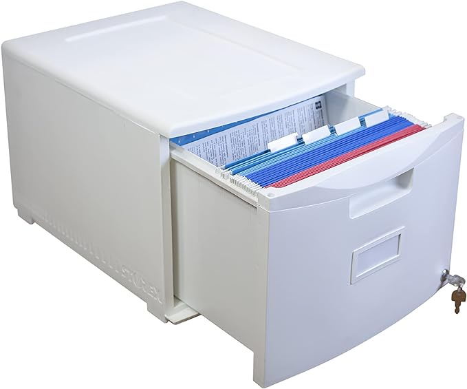 Storex Plastic One-Drawer File Cabinet – Locking Document Organizer for Home and Office White 1-Pack (61271A01C)