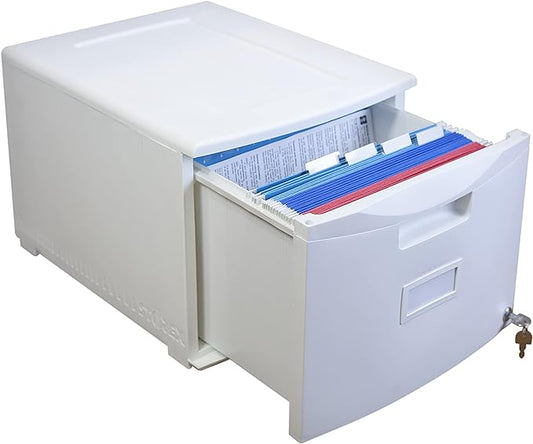 Storex Plastic One-Drawer File Cabinet – Locking Document Organizer for Home and Office White 1-Pack (61271A01C)