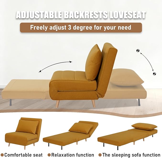 3 in 1 Sleeper Chair Bed Foldable Convertible Chair with Thickened Cushion and Sponge OTE Chenille Fabric Adjustable Backrest Upholstered Accent Sofa for Apartment/Bedroom/Office - Orange Brown