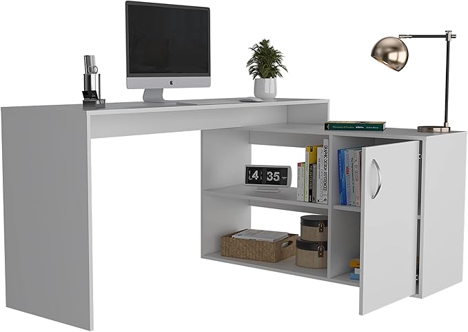 Home Office Desk 59 Modern L-Shaped Computer Desk with Open &amp Closed Storage -White