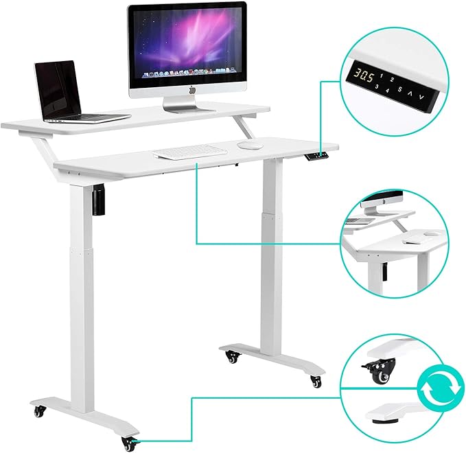 UNICOO Electric Height Adjustable 2-Tier Raising Desk with Wheels Mobile Standing Desk with Monitor Stand Ergonomic Adjustable Computer Table Electric Standing Game Table for Home Office