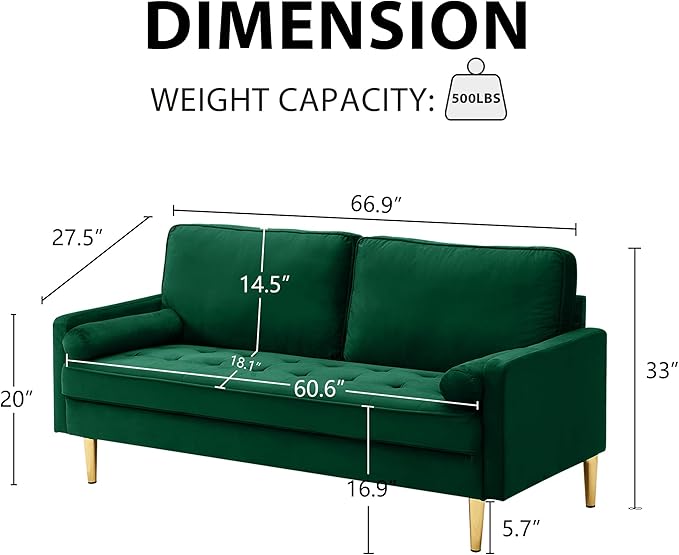 SZLIZCCC 67 LoveSeat Sofa Love Seat Couch Mid Century Modern Couchs Velvet Fabric Pull Dot Design Sofas with Two Round Pillows for Small Spaces Living Room Dorm Bedroom Apartment (67 Green)