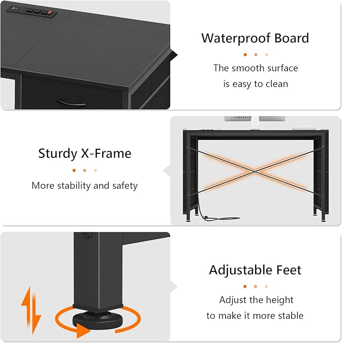 60 Inch Computer Desk with 8 Drawers Home Office Desk with Power Outlets Work Study Gaming Desk with 8 Fabric Drawers Black