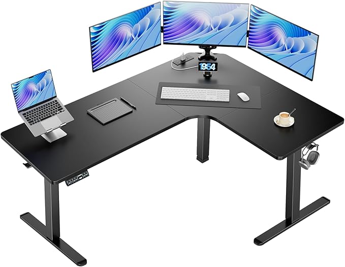 HUANUO 63″ Dual Motor L-Shaped Standing Desk Built-in Power Outlets Electric Height Adjustable Corner Computer Desk Large Power Strip Holder Sit Stand Up Desk with 3 Preset Heights Black