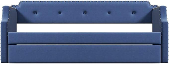 Blue Linen Upholstered Daybed with Trundle Twin Size French Country Style Sofa Bed for Living Room &amp Guest Room Wood Slat Support