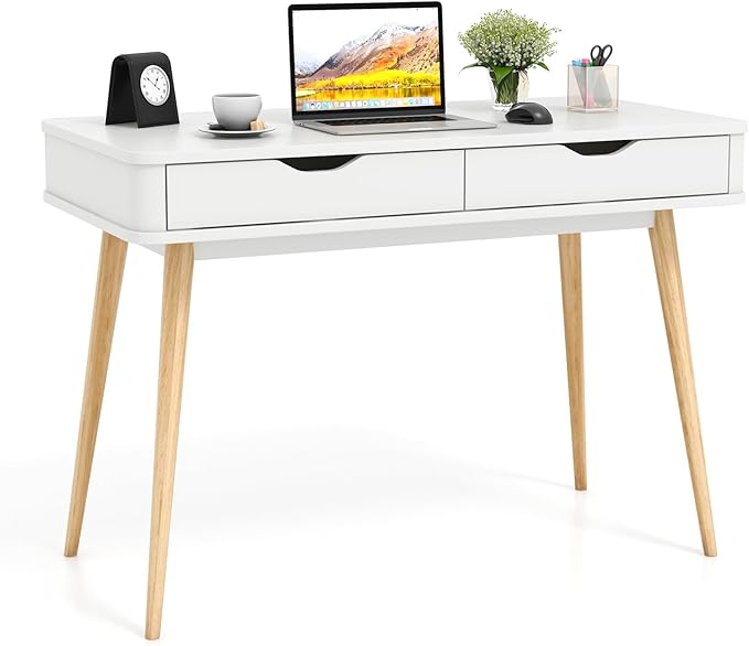 Giantex Mid-Century Desk with 2 Drawers 43.5 Writing Study Desk with Solid Rubber Wood Legs Home Office Computer Workstation PC Laptop Desk Modern Makeup Vanity Table for Bedroom (White &amp Natu