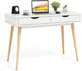 Giantex Mid-Century Desk with 2 Drawers 43.5 Writing Study Desk with Solid Rubber Wood Legs Home Office Computer Workstation PC Laptop Desk Modern Makeup Vanity Table for Bedroom (White &amp Natu