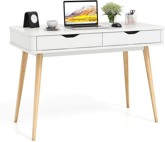Giantex Mid-Century Desk with 2 Drawers 43.5 Writing Study Desk with Solid Rubber Wood Legs Home Office Computer Workstation PC Laptop Desk Modern Makeup Vanity Table for Bedroom (White &amp Natu