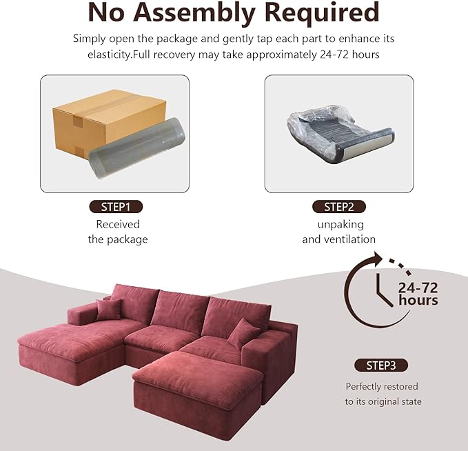 107'' U-Shaped Modern Modular Sectional Cloud Couch Whit Ottoman 4-Seat Chenille Deep-Seat Sofa with Pillow for Living Room Bedroom Apartment Wine Red