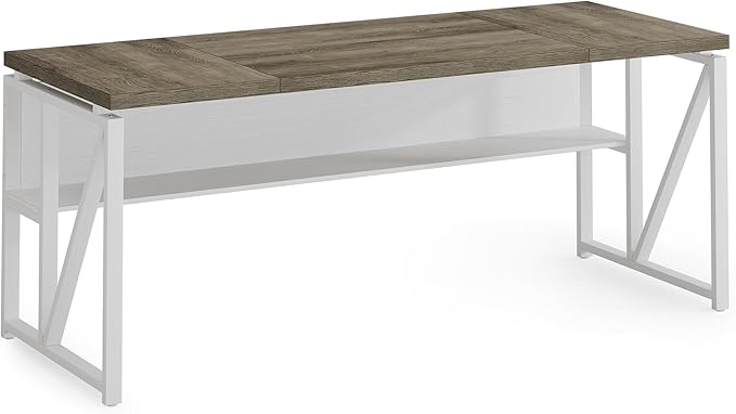 LITTLE TREE 63-Inch Executive Office Desk Large Computer Desk with Storage Shelf Executive Desk with Metal Frame Thickened Desktop Study Writing Desk Work Station for Home Office Grey + White