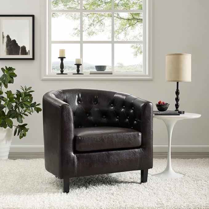 Modern Tufted Faux Leather Accent Chair with Barrel Back Design Thick Cushions &amp Wood Legs – Elegant Statement Chair for Living Room &amp Home Décor