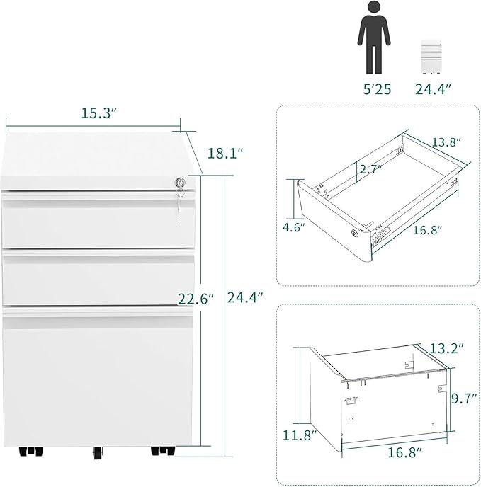 Mobile File Cabinets 3-Drawer Mobile File Cabinet with Lock Office Storage Filing for Legal/Letter Size Pre-Assembled Metal
