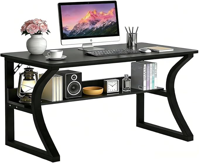 55'' Computer Desk w/Storage &amp Cable Management Home Office Desk w/Sturdy U-Shaped Metal Frame &amp Water-Resistant Scratchproof Surface Study Writing Desk for Office &amp Bedroom Black