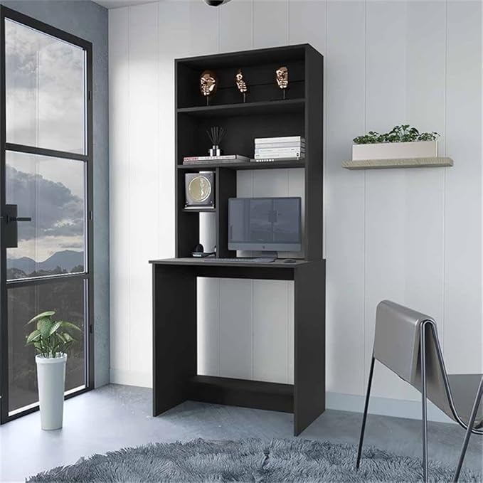 Pemberly Row Modern Computer Desk with Hutch Engineered Wood Black Finish 24.8 W x 17.8 D Surface 29.9 H Legroom Footrest 2 Drawers 2 Shelves Space-Saving Home Office Desk