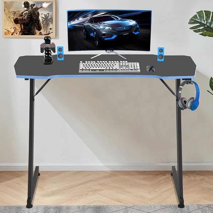 BLKMTY 35 Inch Gaming Desk Computer Desk with Headphone Hook Modern Gamer Desks Table for Home Office Dorm Sturdy Writing Workstation Z-Shaped Carbon Fiber Black Blue
