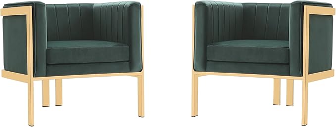 Manhattan Comfort Paramount Velvet Accent Armchair Set of 2 Polished Brass Frame with Geometric Legs Art Deco Chair 1920s Glamour Fully Assembled Living Room Lounge Seat Forest Green