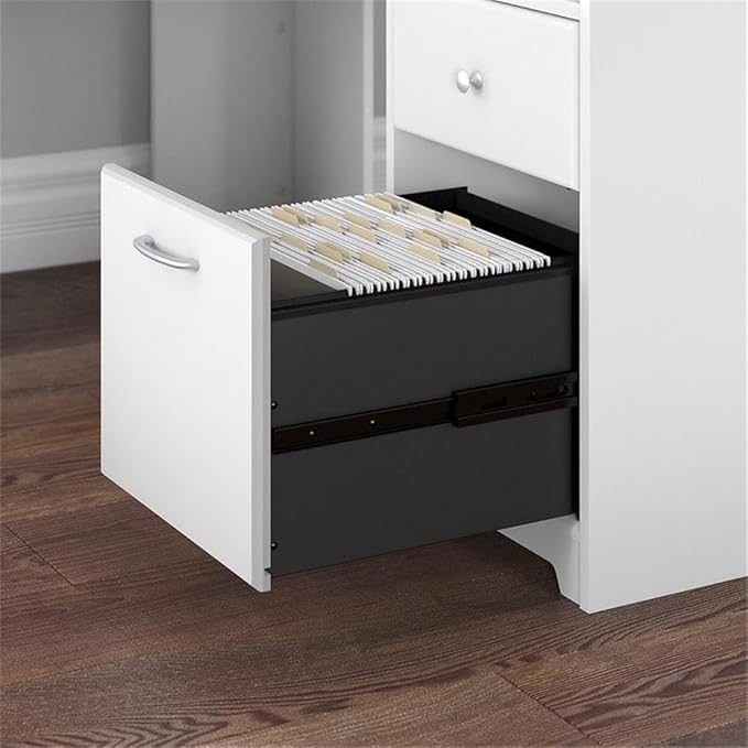 Pemberly Row 60W L Shaped Computer Desk with Hutch White Finish Storage Cabinet File Drawer Adjustable Shelf Fluted Glass Door Home Office Desk for Corner Workspace