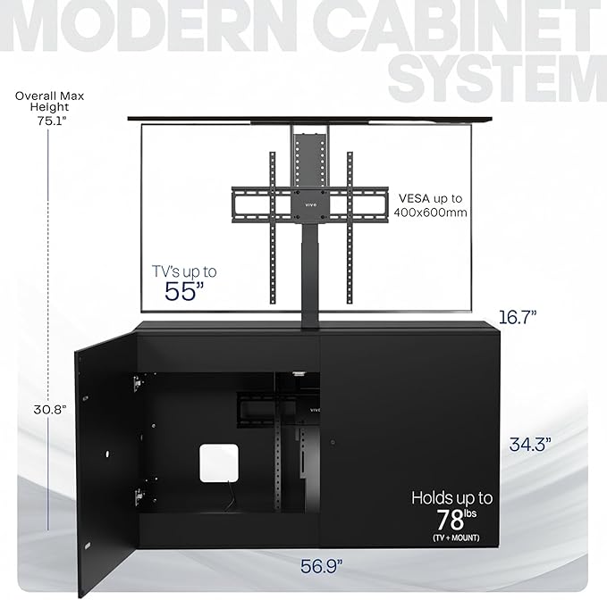 VIVO Black TV Cabinet with Motorized Vertical Lift Television Stand Holds 32 to 55 inch TVs up to 44 lbs CASE-KIT-EUP1B