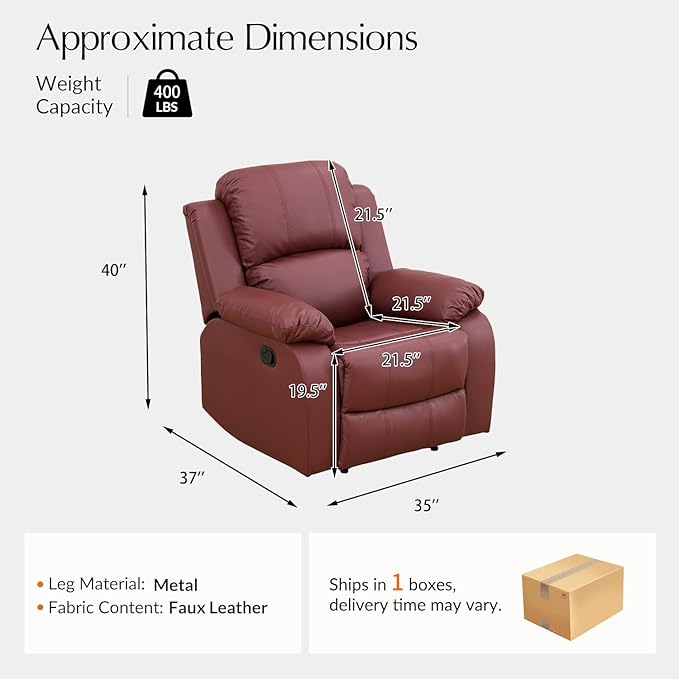 Manual Leather Recliner Chair Sofa for Living Room35 Ergonomic Reclining Chair with 10 Arm/Upholstered Seat/Metal FrameModern Single Couch for Rv Sofa/Home Theater Seating/Office(Red)