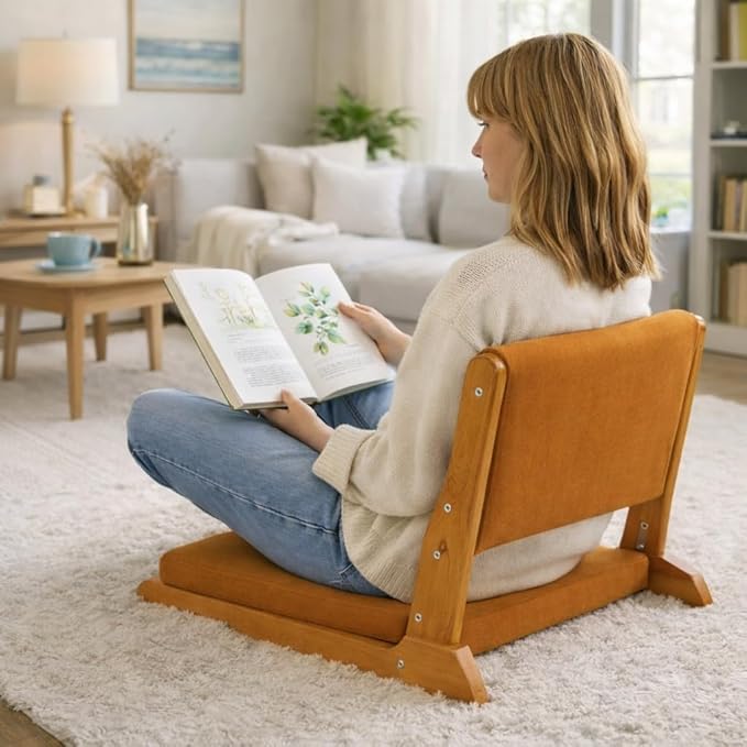 HollyHOME Foldable Japanese Style Floor Chair with Back Support Tatami Chair with Cushion Meditation Seat for Bay Window Living Room Bedroom Pumpkin Color
