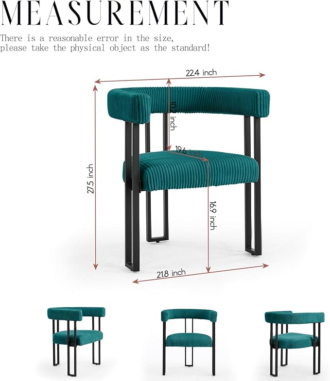 Vanity Chair for Makeup Room Corduroy Accent Chair with U-Shaped Backrest Modern Comfy Desk Chair No Wheels Upholstered Dining Chair with Metal Legs for Bedroom Living Room (Teal1)