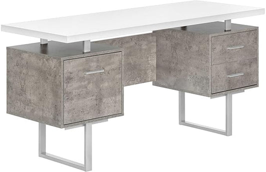 Penau Computer Desk for Home Office 60 Inch Contemporary Design with Storage Drawers Reversible Setup in White and Grey Concrete Laminate