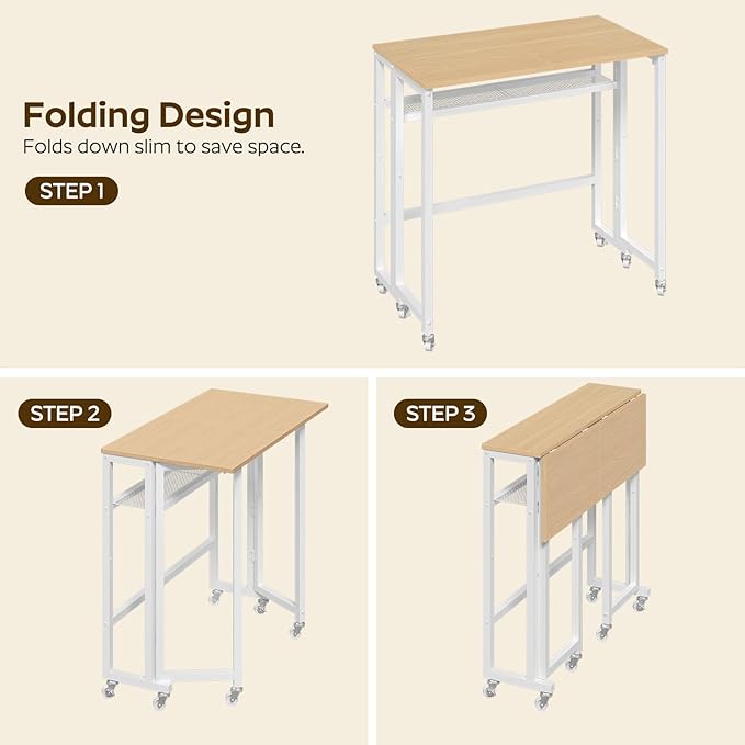 Folding Computer Desk with Storage Shelf 25.2 Rolling Folding Desk with Wheels for Small Spaces Living Room Bedroom Office White and Natural DN08WN