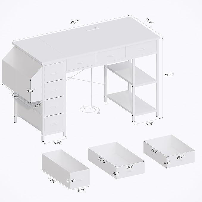 47 Computer Desk with Power OutletWriting DeskHome Office DeskVanity Table with 7 Fabric Drawers Large Side PocketWhite