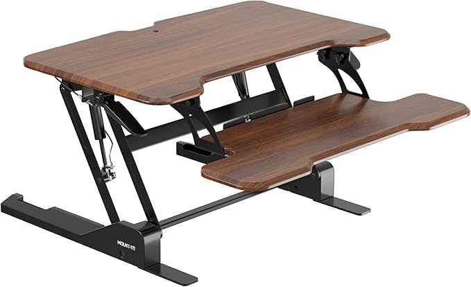 Mount-It! Height Adjustable Standing Desk Converter Compact 30” Wide Tabletop Standing Desk Riser with Gas Spring Desktop Stand Up Workstation with Keyboard Tray Fits Monitor or Laptop Dark Walnut