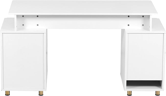 Elegant 56.75 W Executive Desk with 3 Drawers and Storage Cabinet Modern Office Desk with Gold Accents Floating Work Surface Closed Storage with Ventilation &amp Adjustable Shelf (WhiteGold)