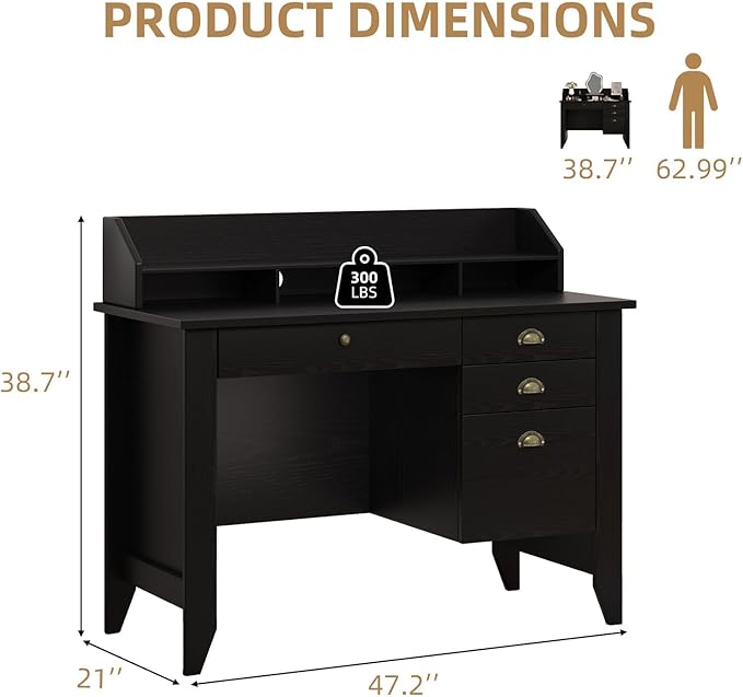 4 EVER WINNER Black Desk with Drawers Small Desk with File Drawer and Monitor Stand Computer Desk with Storage Writing Desk for Bedroom Home Office Black