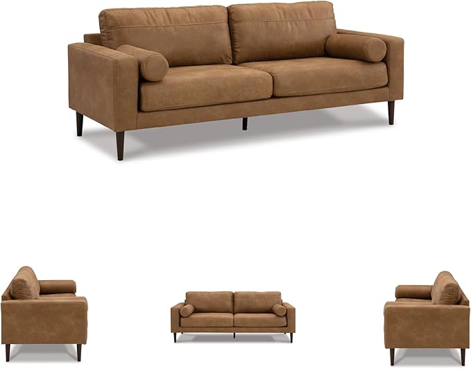 Signature Design by Ashley Telora Faux Leather Sofa 2 Bolster Pillows Loose Cushions Faux Wood Finish Accent Legs 85 W x 35 D x 35 H Dark Brown