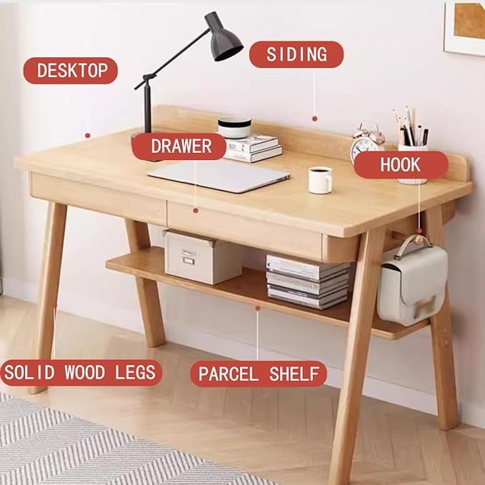 Small Desk with Drawers Solid Wood Computer Desk for Small Spaces Gaming Study Home Office Table for Work Student PC Table for Bedroom Escritorios para Cuartos (Only Desk L-80CM)