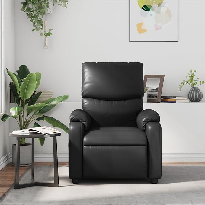 vidaXL Leather Massage Recliner Chair for Living Room Home Theater 6-Point Vibration Massage Adjustable Back &amp Footrest Side Pocket Black