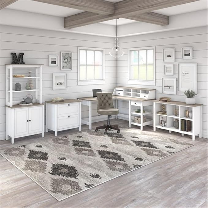 Pemberly Row L Shaped Computer Desk 60W x 60D x 30H Engineered Wood Shiplap Gray and White Finish Adjustable Storage Shelves Small Drawer Modern Farmhouse Home Office Desk