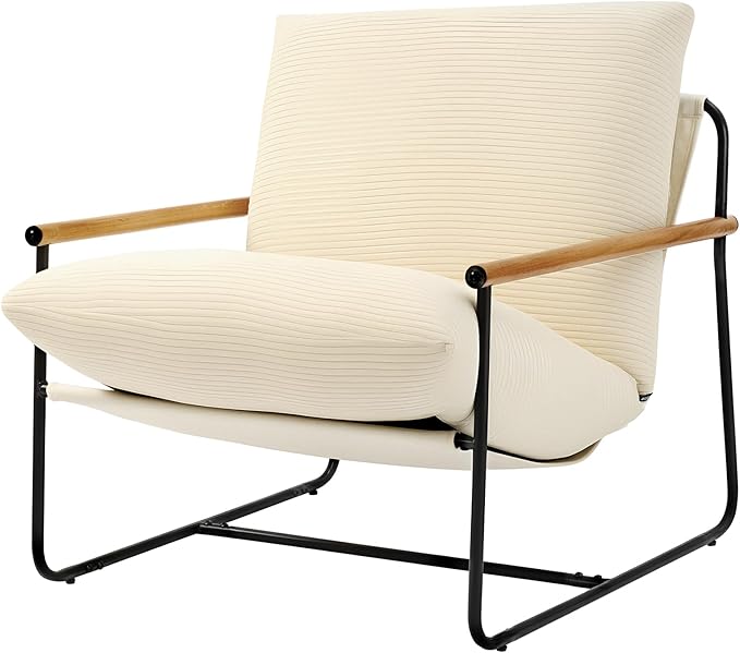 VEVOR Accent Chair Metal Framed Chair with Wooden Armrests Modern Cozy Upholstered Armchair with Soft Foam Cushioning Detachable Cushion for Living Room Bedroom Reading Room Office Beige