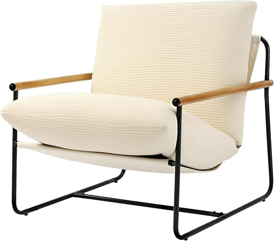 VEVOR Accent Chair Metal Framed Chair with Wooden Armrests Modern Cozy Upholstered Armchair with Soft Foam Cushioning Detachable Cushion for Living Room Bedroom Reading Room Office Beige