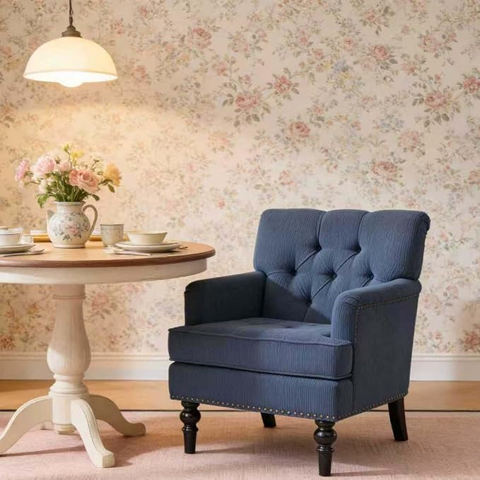 Accent Chair for Living Room Mid-Century Armchairs for Small Spaces Chenille Upholstered Comfy Reading Armchair with Studded for Bedroom (Blue)