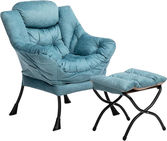 HollyHOME Lazy Chair with Foldable Ottoman Accent Comfy Lounge Armchair and Folding Footrest Stool Leisure Sofa Reading Chair and Footstool for Living Room Bedroom DormBlue
